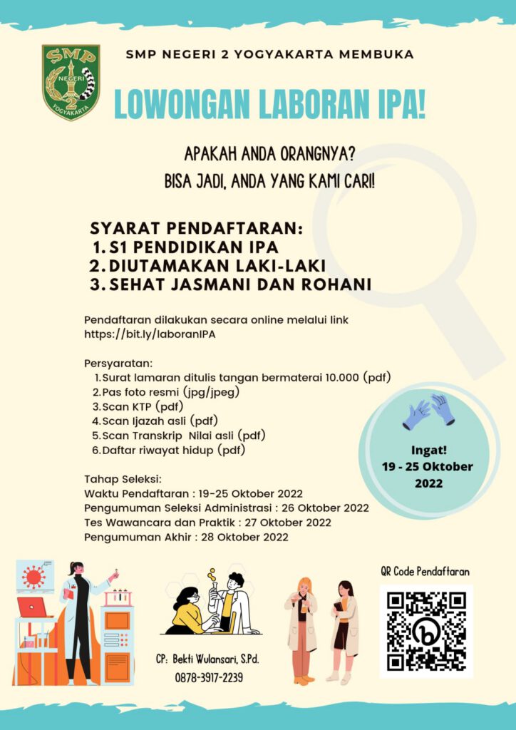 Poster lowongan laboran IPA SMP Negeri 2 Yogyakarta tahun 2022.