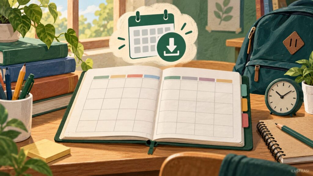 Ilustrasi buku perencana, kalender akademik, dan simbol unduh.