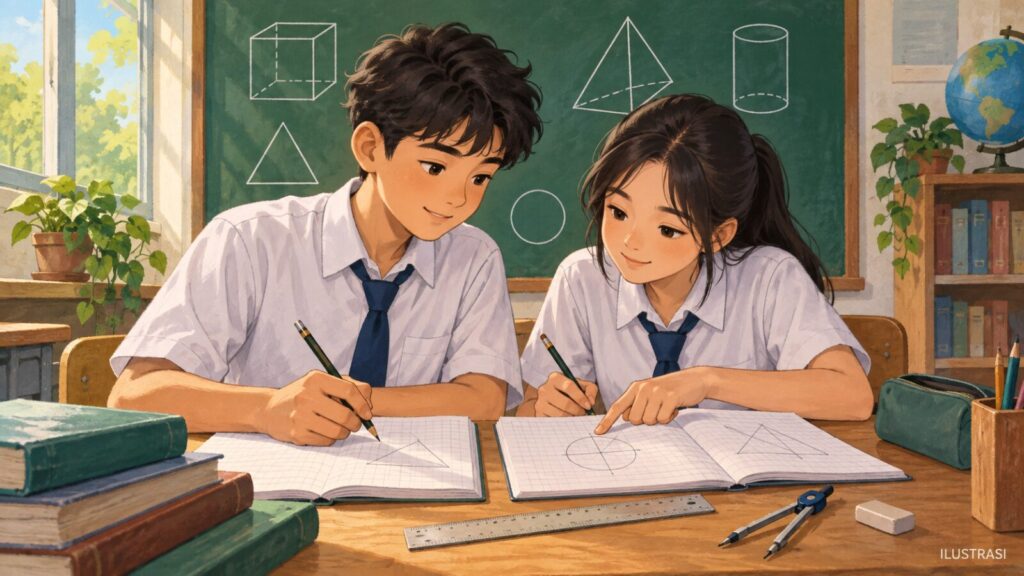 Ilustrasi dua siswa mengerjakan latihan matematika bersama.