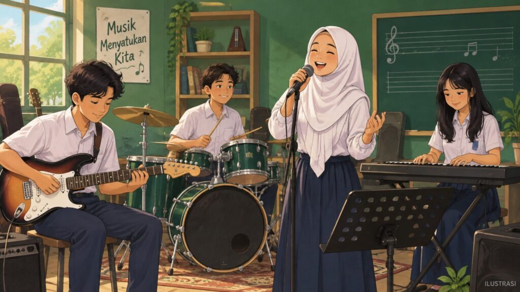 Ilustrasi siswa berlatih band dengan gitar, keyboard, drum, dan mikrofon.