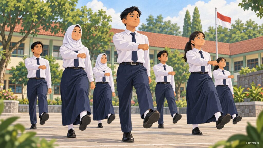 Ilustrasi siswa TONTI berlatih baris-berbaris di halaman sekolah.