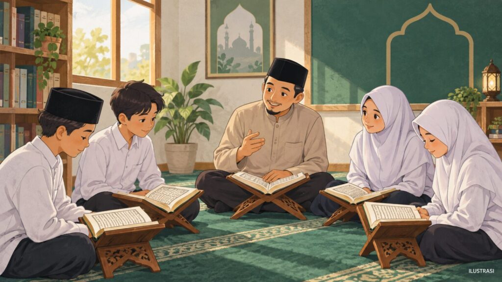 Ilustrasi siswa belajar membaca Al-Quran bersama pembimbing.