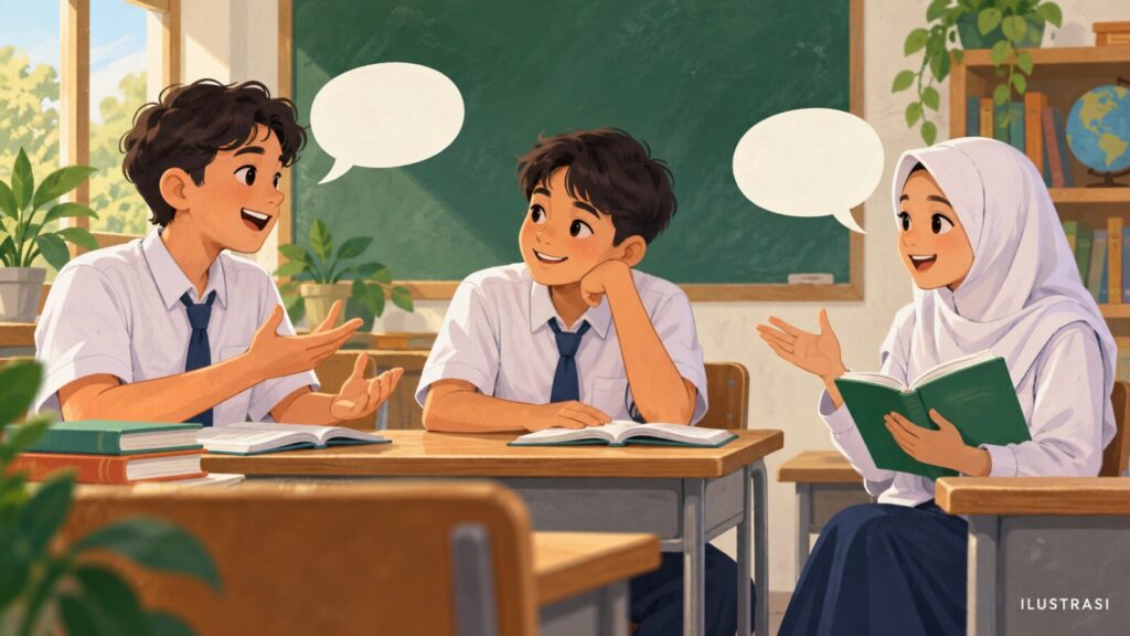 Ilustrasi siswa berlatih percakapan bahasa Inggris di kelas.