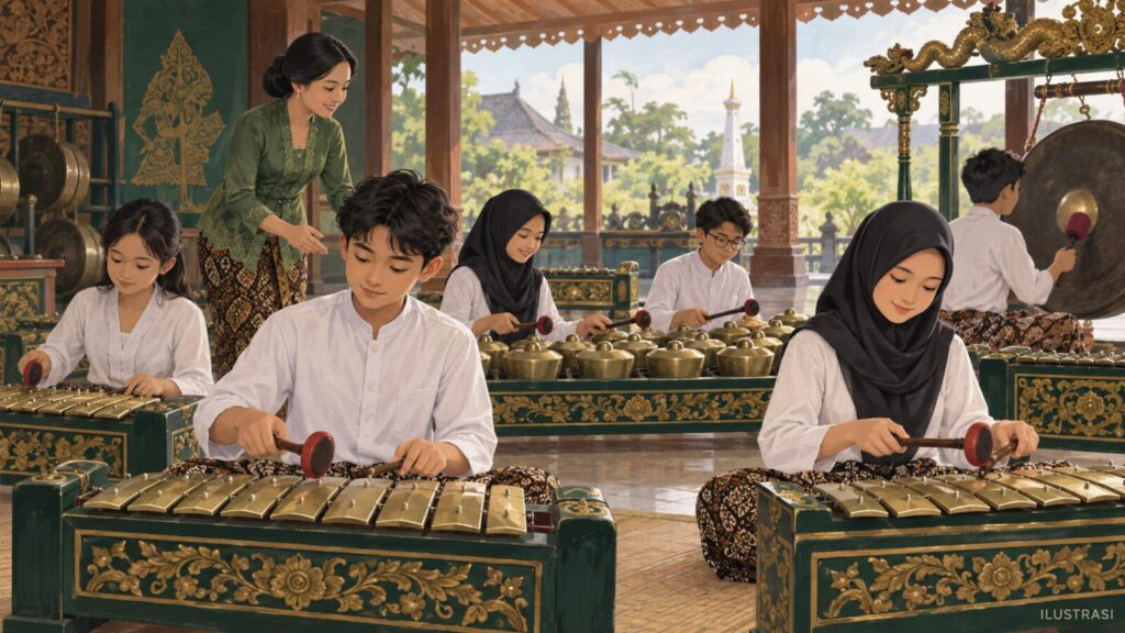 Ilustrasi siswa memainkan gamelan dalam kegiatan karawitan.