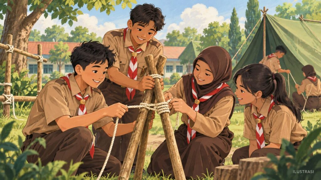 Ilustrasi anggota Pramuka bekerja sama berlatih tali-temali.