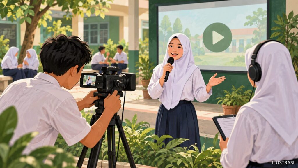 Ilustrasi siswa merekam video kegiatan sekolah dengan kamera dan mikrofon.