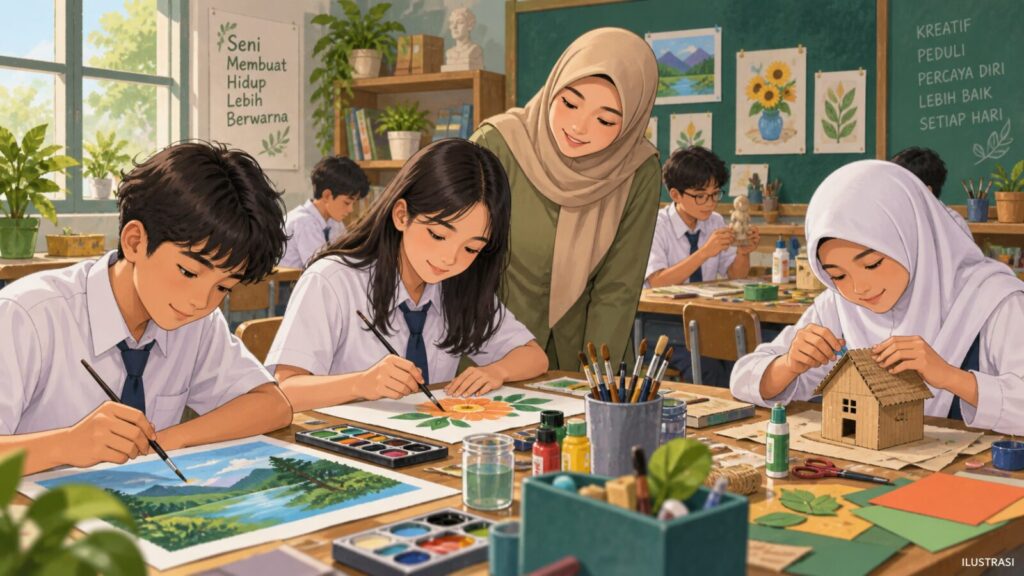 Ilustrasi siswa mengerjakan karya seni dalam pembelajaran praktik Seni Budaya.