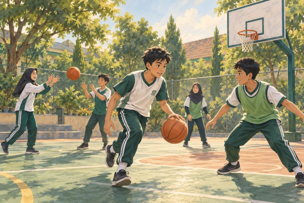 Ilustrasi siswa berlatih menggiring dan mengoper bola basket.