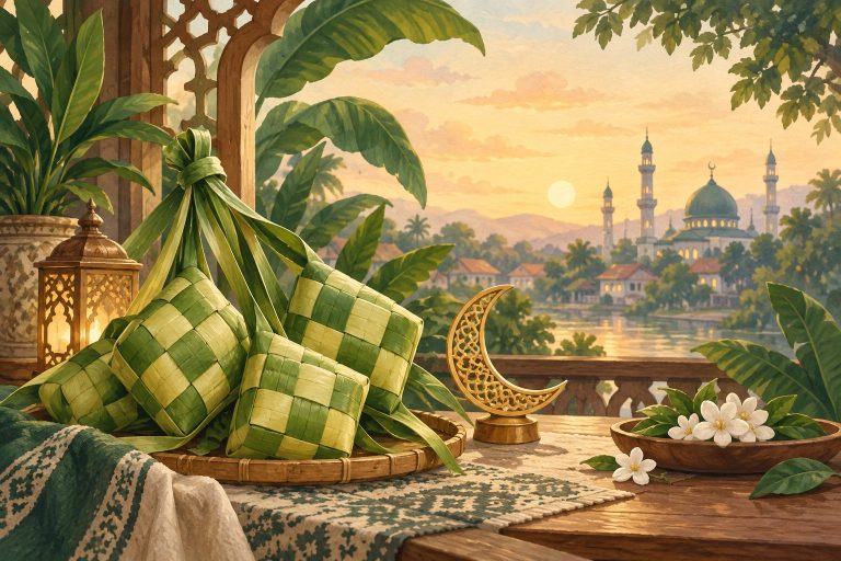 Ilustrasi ketupat, hiasan bulan sabit, dan masjid untuk menyambut Idul Fitri.