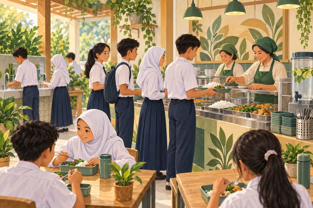 Ilustrasi siswa mengantre makanan dan mencuci tangan di kantin sekolah.