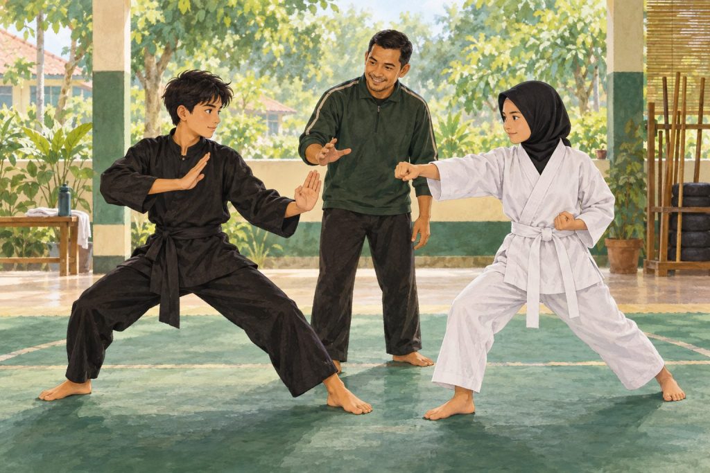 Ilustrasi latihan dasar pencak silat dan karate bersama pelatih.