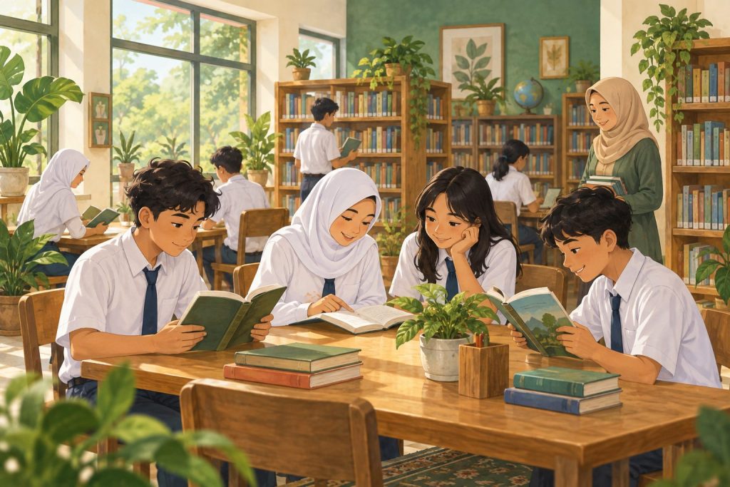 Ilustrasi siswa membaca dan memilih buku di perpustakaan.