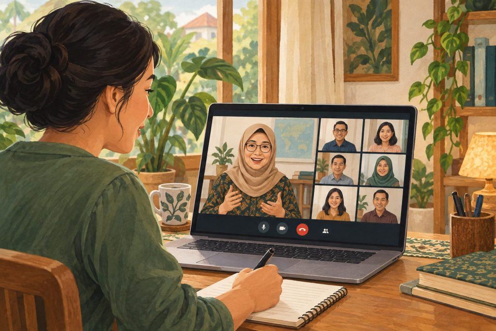 Ilustrasi orang tua mengikuti pertemuan sekolah melalui panggilan video.