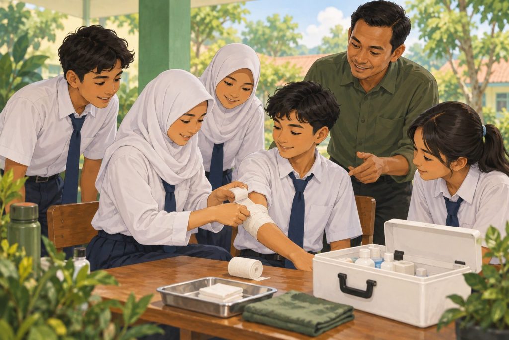 Ilustrasi anggota PMR berlatih membalut lengan dengan pendampingan pembina.