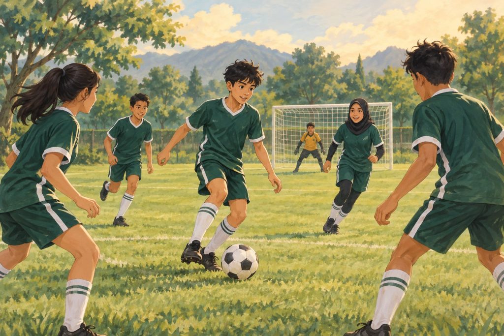 Ilustrasi siswa berlatih mengoper bola di lapangan sepak bola.