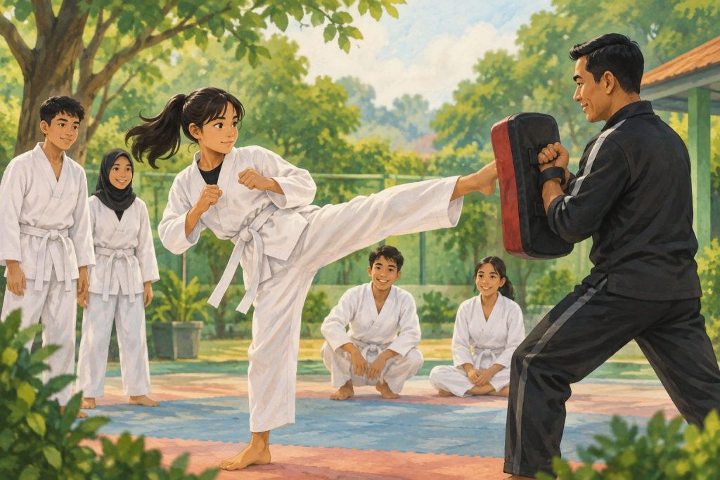 Ilustrasi siswa berlatih tendangan taekwondo menggunakan bantalan latihan.